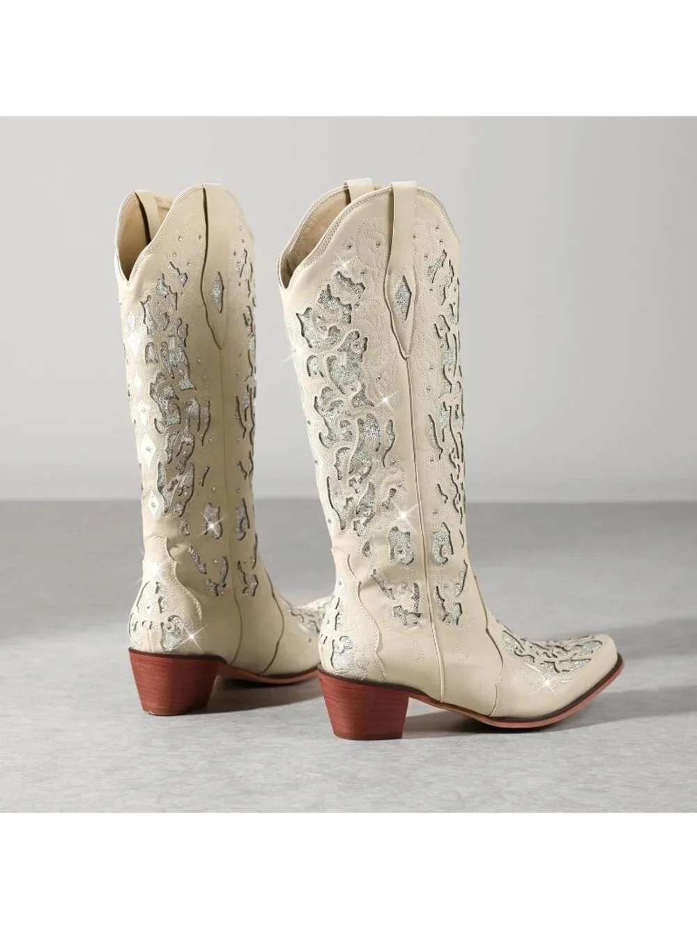 Women's White Mid Calf Cowgirl Boot Rhinestone Comfortable Chunky Heel Western - Picture 4 of 5